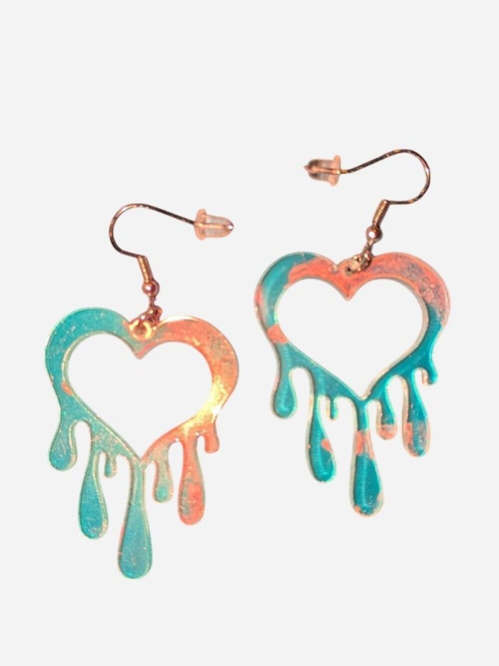 iridescent heart earrings with dripping effect brand new, never worn handmade